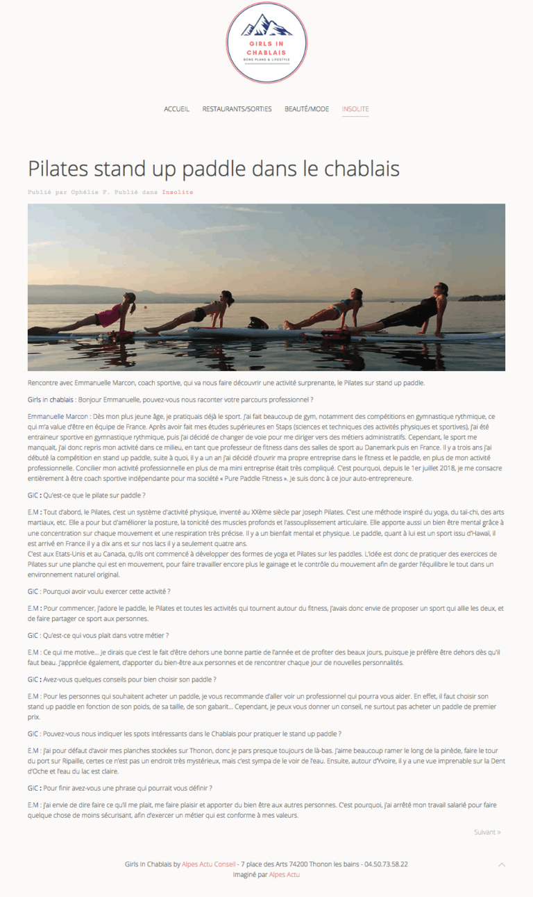 Article Girls in Chablais sur le Pilates et le Stand Up Paddle
